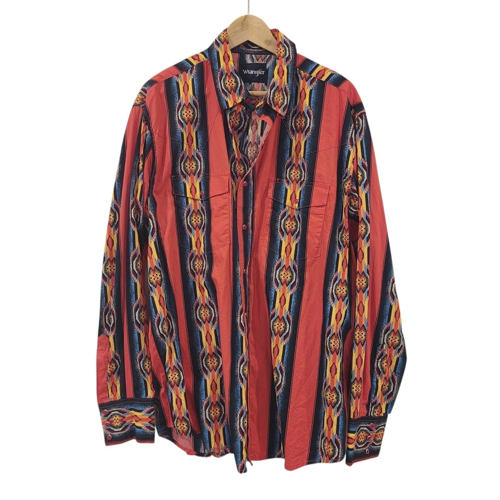 Wrangler XL Checotah Western Aztec Print‎ Long Sleeve Button Up Shirt Red